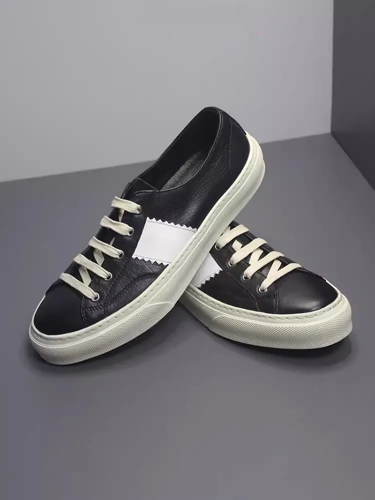 Mixed Colors Design Mens Casual Sneakers Round Toe Lace Up Genuine Leather Shoes Fashion Versatile New Spring Summer Flat Shoes