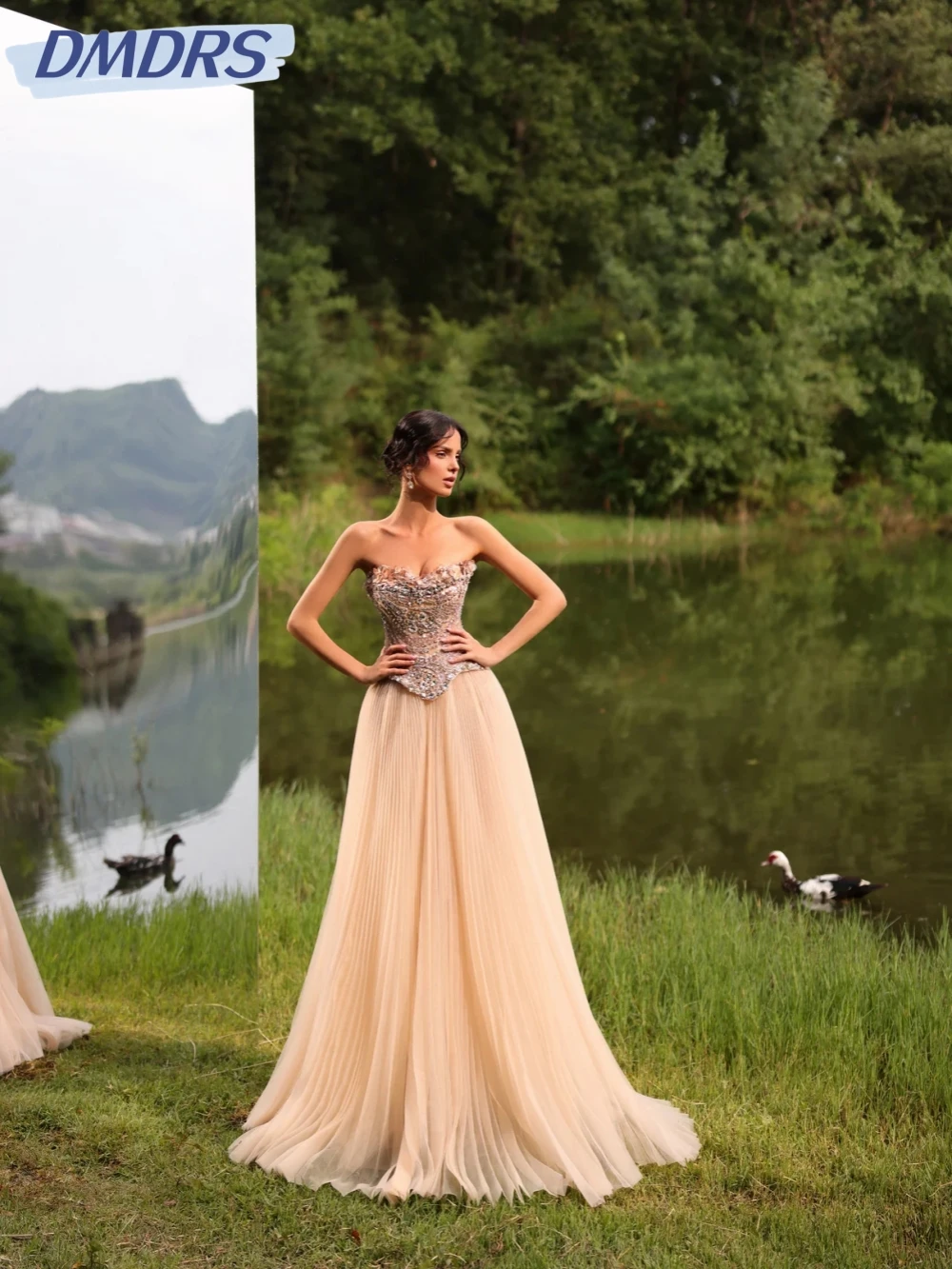 

Pleated Beads 3D Flower With Corset Evening Dress Elegant A-line Long Wedding Party Gown Customized Luxury Backless Prom Dresses