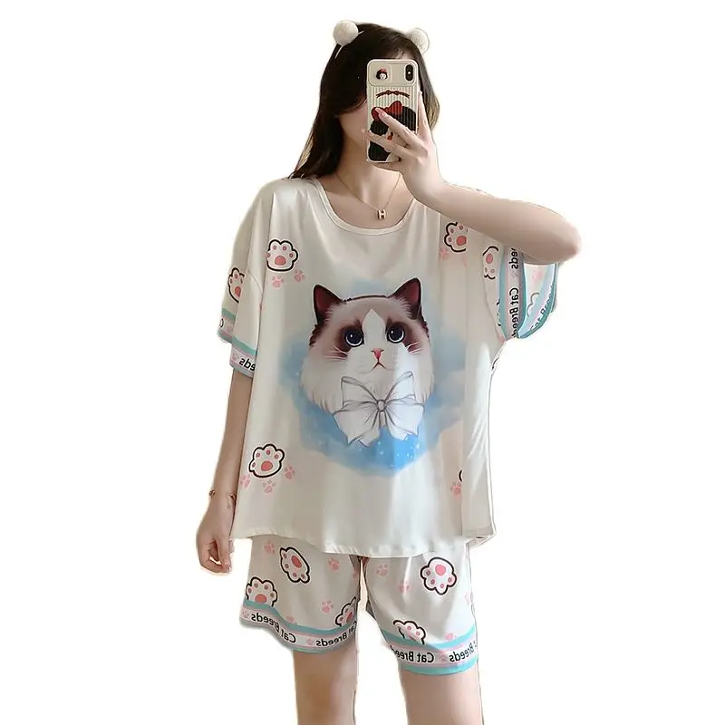 High Quality Luxury 3 Pieces Women's Pajamas Sets Silk Cat Cute Pyjama Loose Women's Stain Sleepwear Sets Summer Homewear outfit