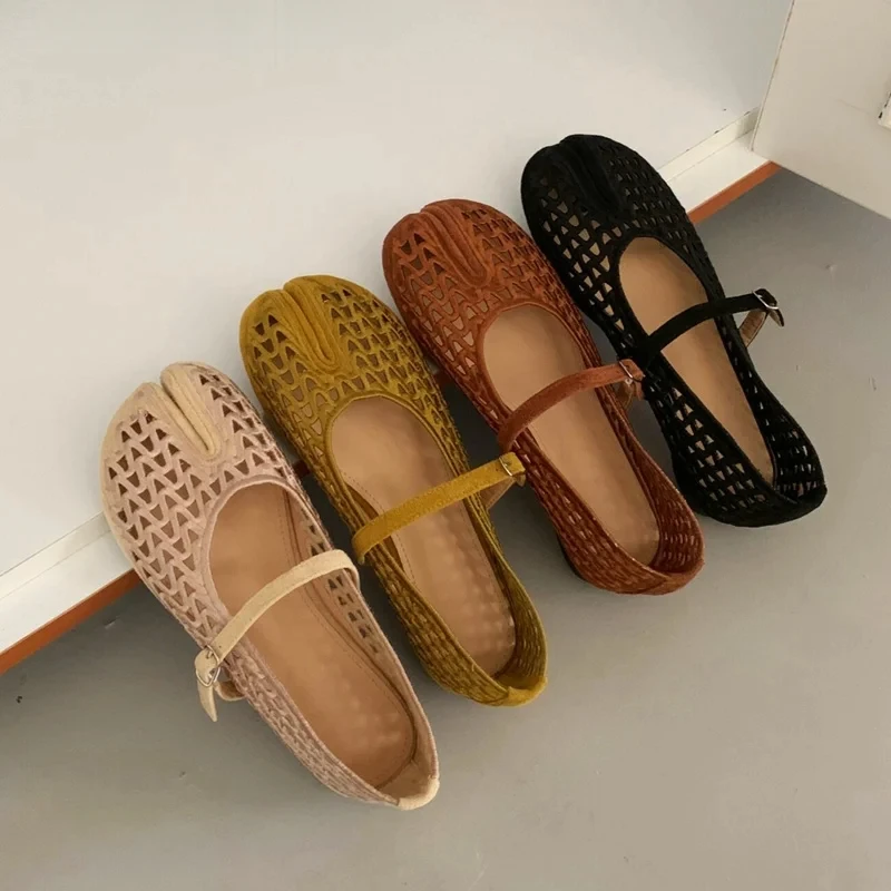 Summer Breathable Hollow Woven Split Toe Tabi Shoes Women Fashion Mary Janes Flats Ballet Casual Daily Walking Shoes Soft Loafer