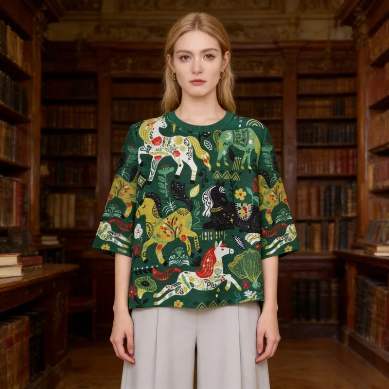 

Футболка Miyake с плиссировкой 2026, с 3D-принтом, круглым вырезом, в винтажном стиле, новинка весенней коллекции, свободный крой, приталенная, молодежная, универсальная футболка