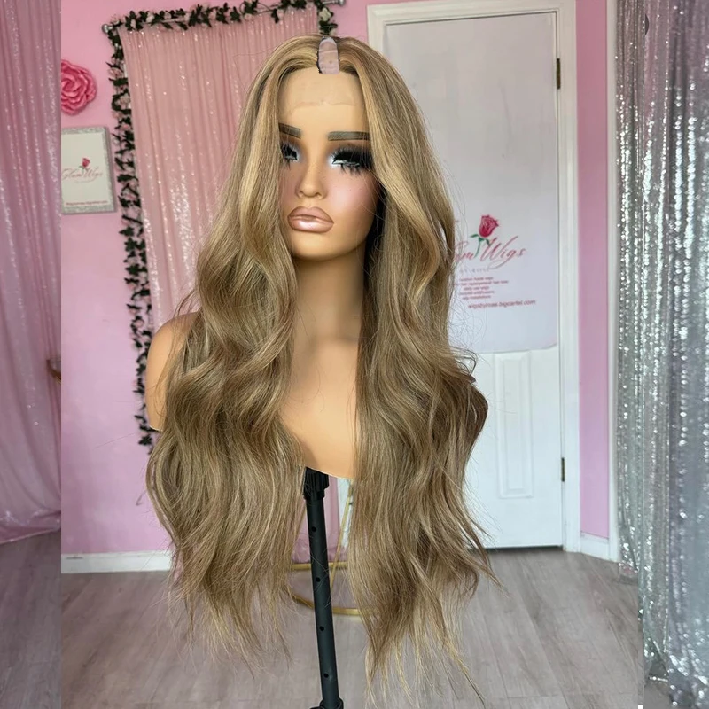 TOP Light ash blonde Brown mix Natural Wavy U Part Human Hair Wigs 1x4 Shaped Middle/Left/Right V Part Wigs with Clips for women