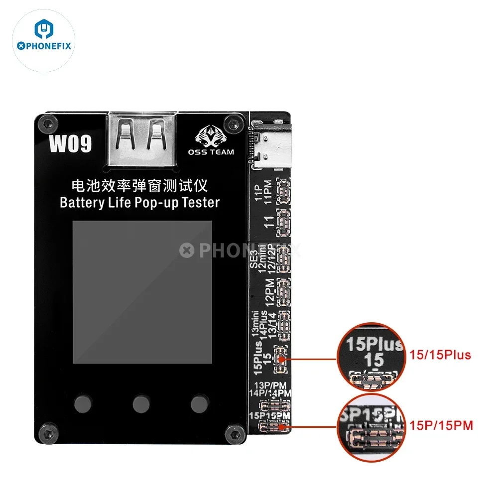 OSS W09 Pro V3 Tester pop-up di durata della batteria con linea per iPhone 11-15PM Batteria Salute Riparazione pop-up Ripristino Ciclo dati salute