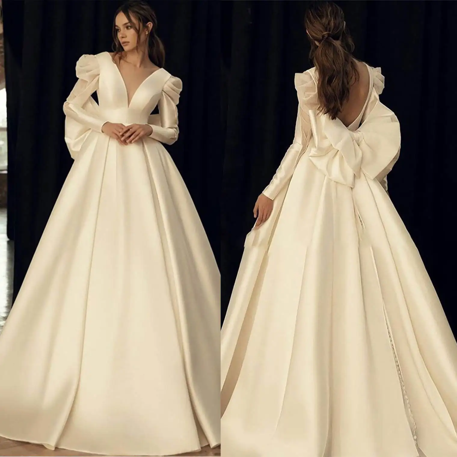 Gorgeous Wedding Dresses Ball Gown V-Neck bow tie Full Sleeve  Princess Bride Wedding Dress Customized Vestidos De Novia