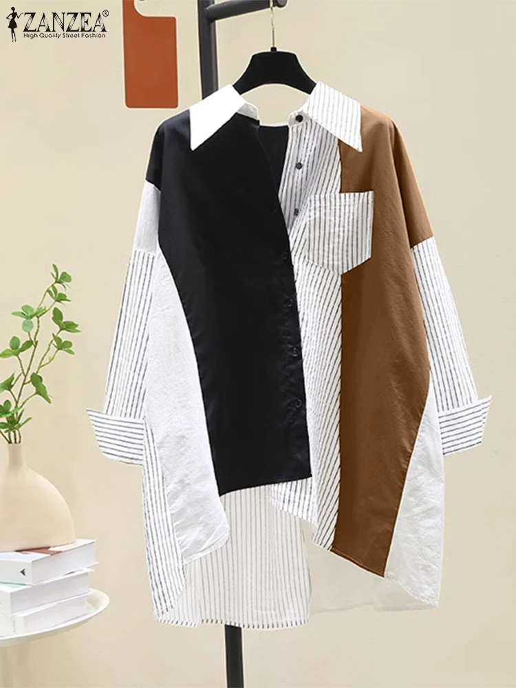 2024 ZANZEA Korean Fashion Women Laple Neck Long Sleeve Blouse Stylish Patchwork Shirt Autumn Striped Tops Loose Blusas Chemise