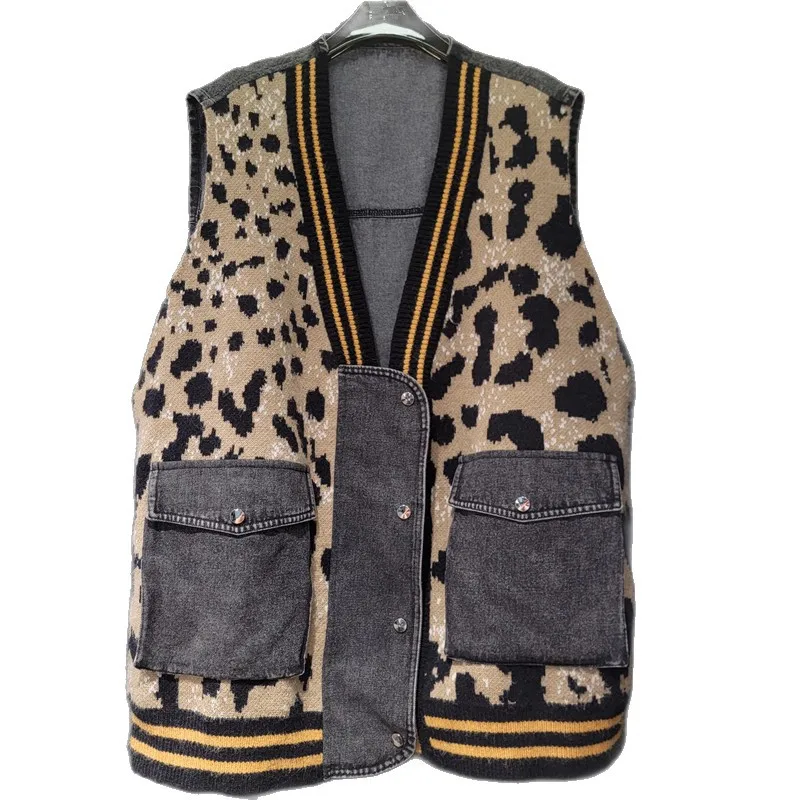 Chic Autumn Women Leopard Pattern Printed Knitted Sweater Splicing Denim Waistcoat Jeans Vest Cowboy Patchwork Cowboy Tank Tops