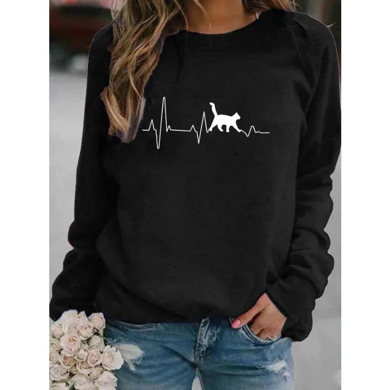 Women's Animal Heartbeat Print Crew-neck Casual Hoodie Sweatshirts  Sweatshirt  Streetwear Women  Aesthetic  Clothes