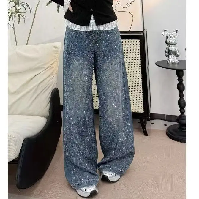 

Rhinestone Jeans for Women High Waist Wide Leg Jeans Straight Baggy Pants Streetwear Women Clothing Y2k Pants