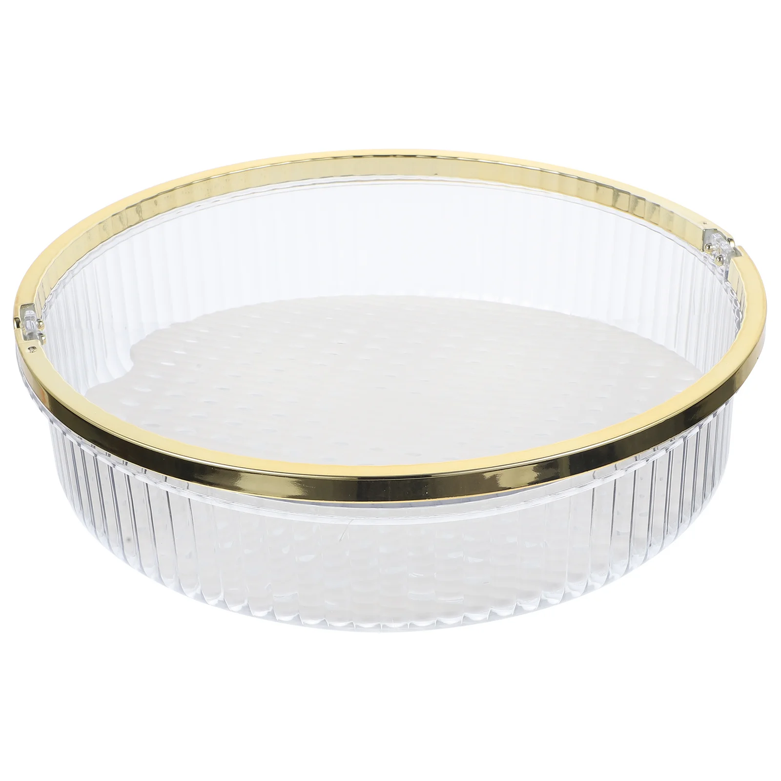 

Rotating Multifunctional Kitchen Storage Tray Fruit Basket Plastic Snack Organizer Desktop Plate Golden Handle