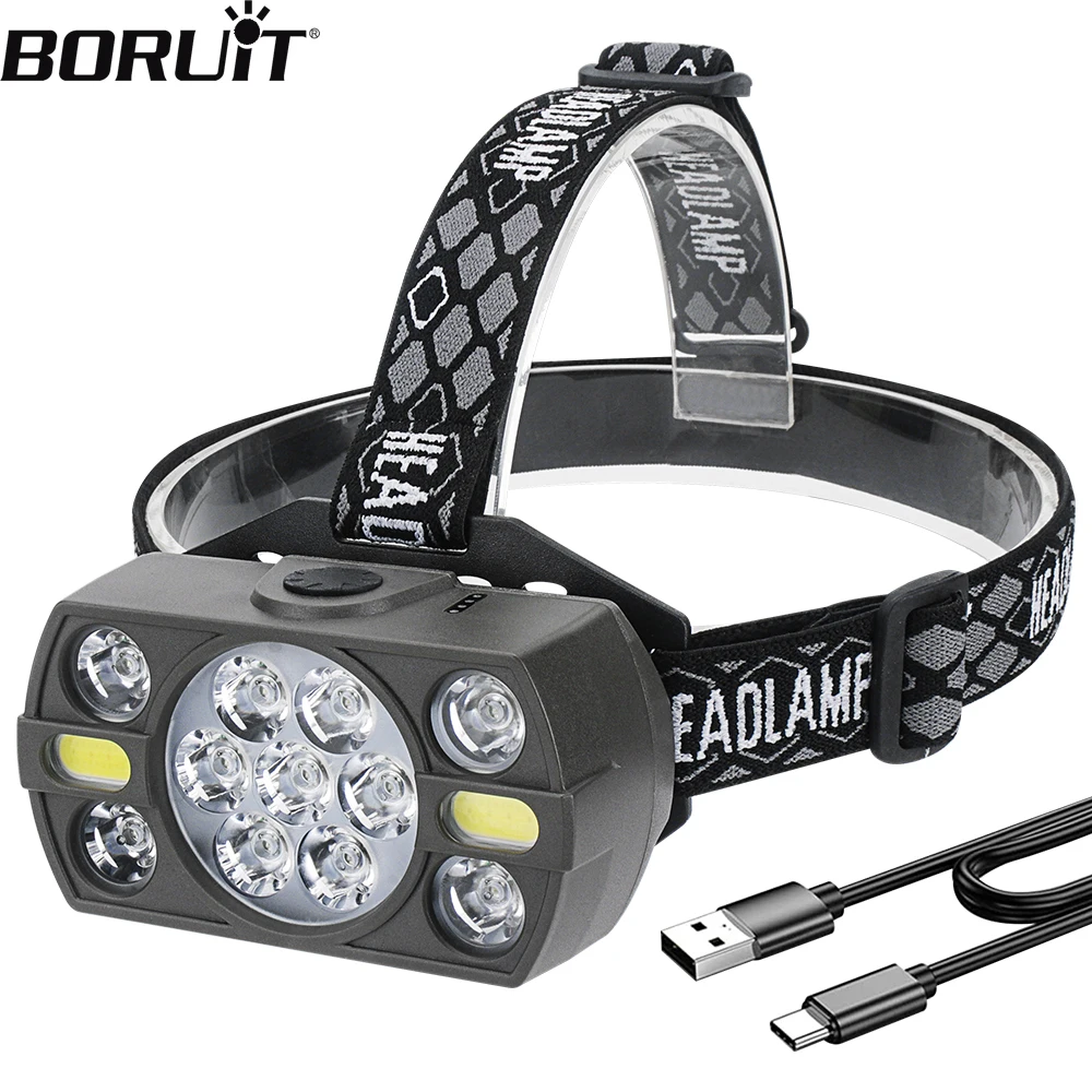 

BORUiT LED Headlamp 1650 LM Type-C Rechargeable Powerful Headlight 8-Modes Waterproof Head Light for Fishing Camping Hunting