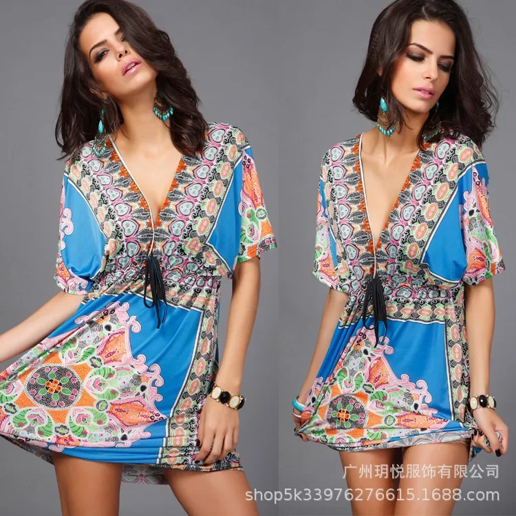 Beach Printing Short Sleeve V-Neck Women's Dress Large Size Bohemian Summer Dress for Women Slim Lace-up Mini Dress  Vestidos