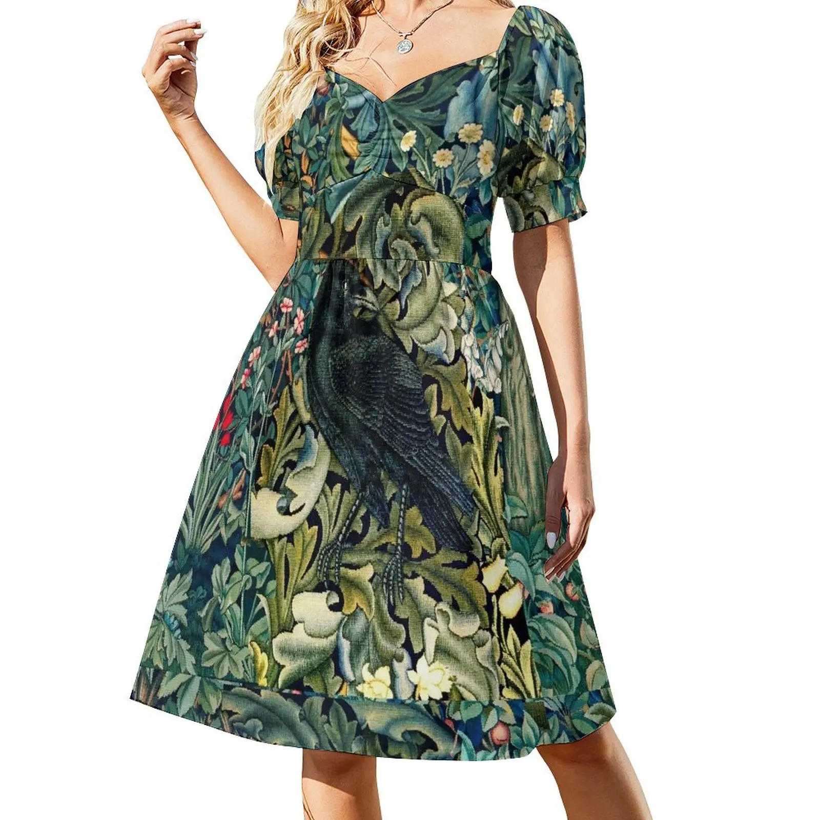 

GREENERY, FOREST ANIMALS ,RAVEN ON ACANTHUS LEAVES Blue Green Floral Short Sleeved Dress Woman fashion long sleeve dresses Dress