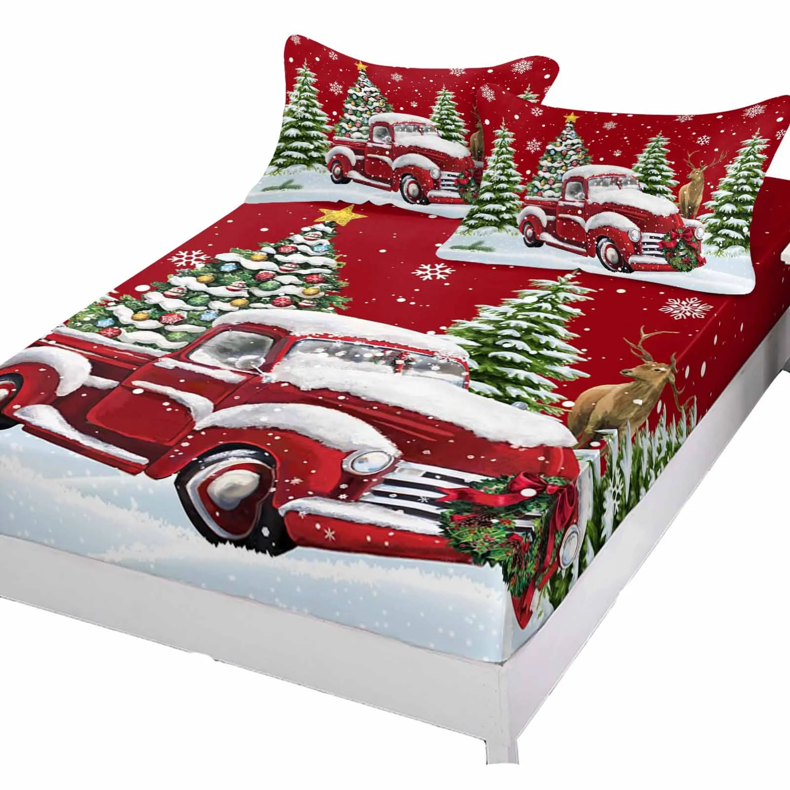 Christmas Winter Truck Snowflake Polyester Fitted Sheet Mattress Cover Four Corners Elastic Band Bed Sheet With Pilllowcase