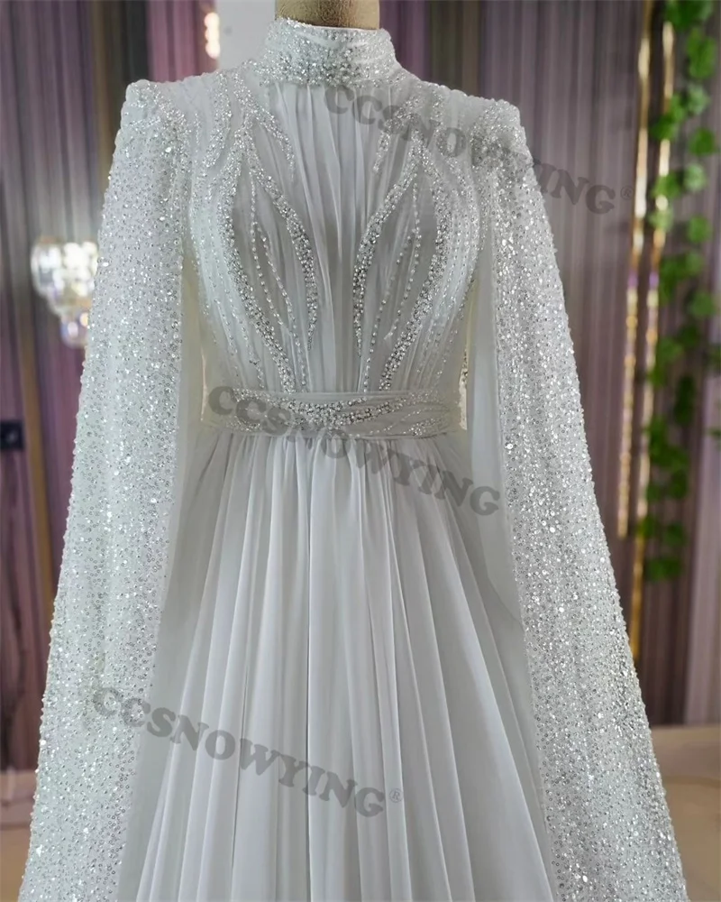 Chiffon Sequins Beaded Muslim Wedding Dress Long Sleeve with Cape Hijab Islamic Bridal Gowns Arabic Dubai Robe De Mariée