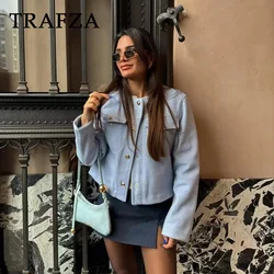 TRAFZA 2024 Spring Summer Solid Women Casual Jackets Fashion Vintage Elegant O Neck Single Breasted Double Pockets Lady Coats