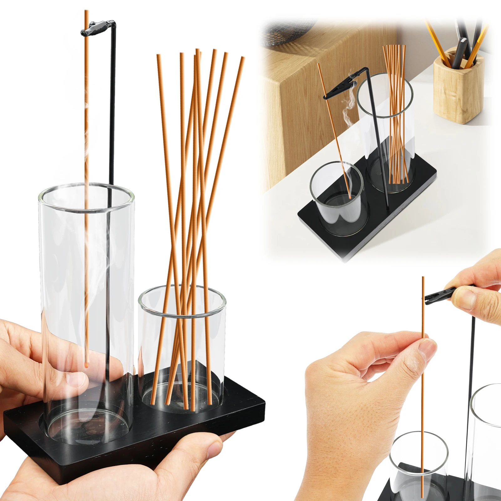 Porte-encens 2-en-1 pour bâtonnets, double coupelle en verre, support vertical avec cendrier pour temple, chambre, salon de thé, bureaux
