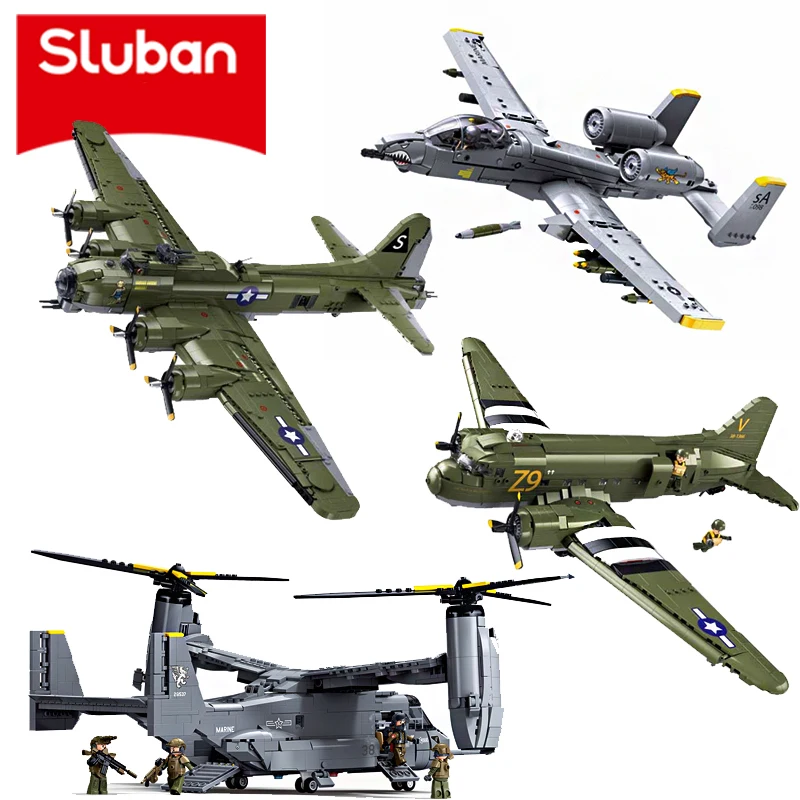 Sluban US Flying Fortress Bomber A-10 Thunderbolt Tank Buster Kampfjet MV-22 OSPREY Hubschrauber Militär-Bausteine Spielzeug Geschenke