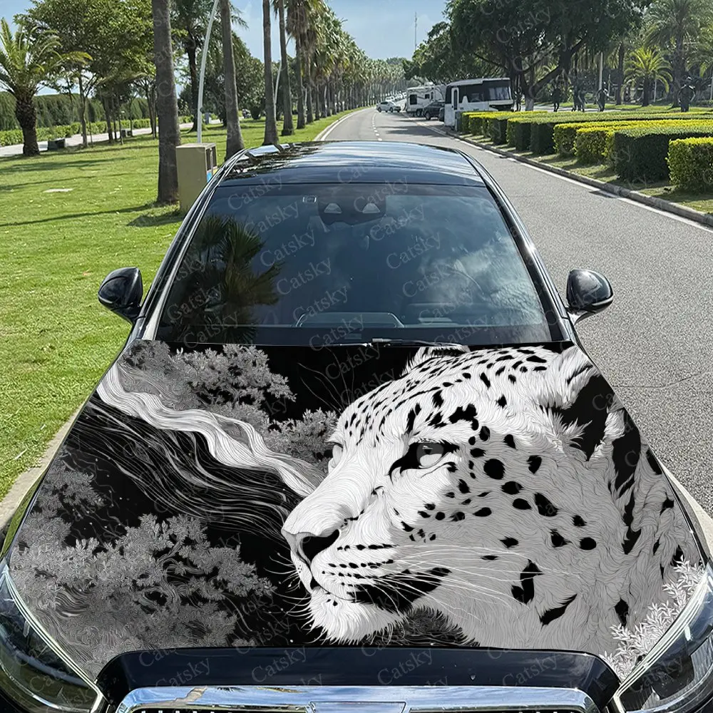 

Car Decal Snow Leopard with Gray Textural Artistic Fusion Design, Creating a Mysterious and Powerful Visual Car Hood Sticker, Wa