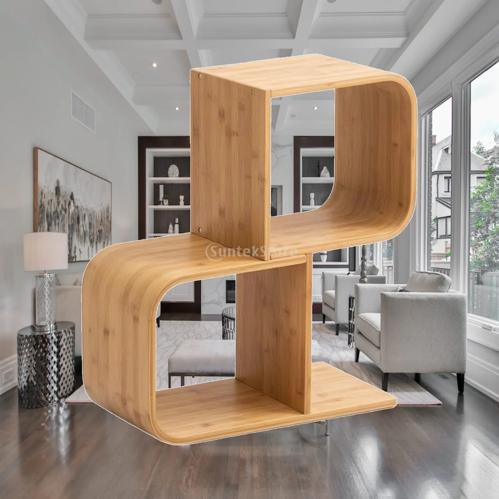 Space Saving Curved Bookshelf Bamboo 2 Tier Bookcase Storage Rack for Home Office Desk Reading Nook Decor