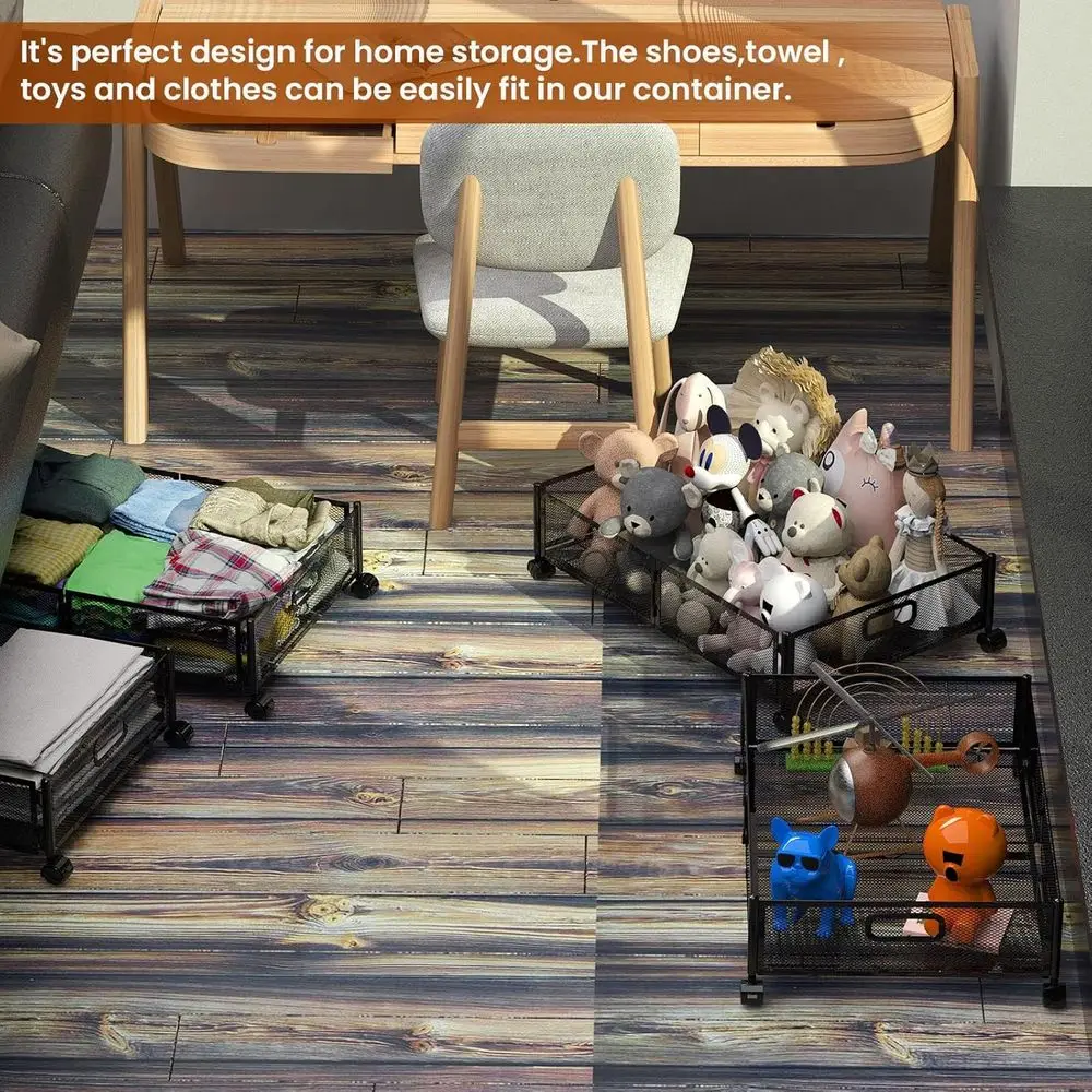 عبوة من صناديق تخزين تحت السرير قابلة للطي مع أغطية وعجلات ومقابض للأحذية والملابس والألعاب - أسود