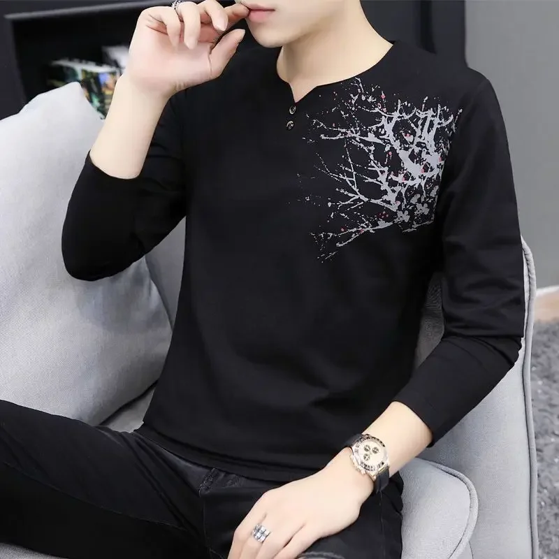 Tops Graphic V Neck Male Clothes Buttoned T Shirts For Men Long Sleeve Normal Size S With Korean Style Cotton New Original It