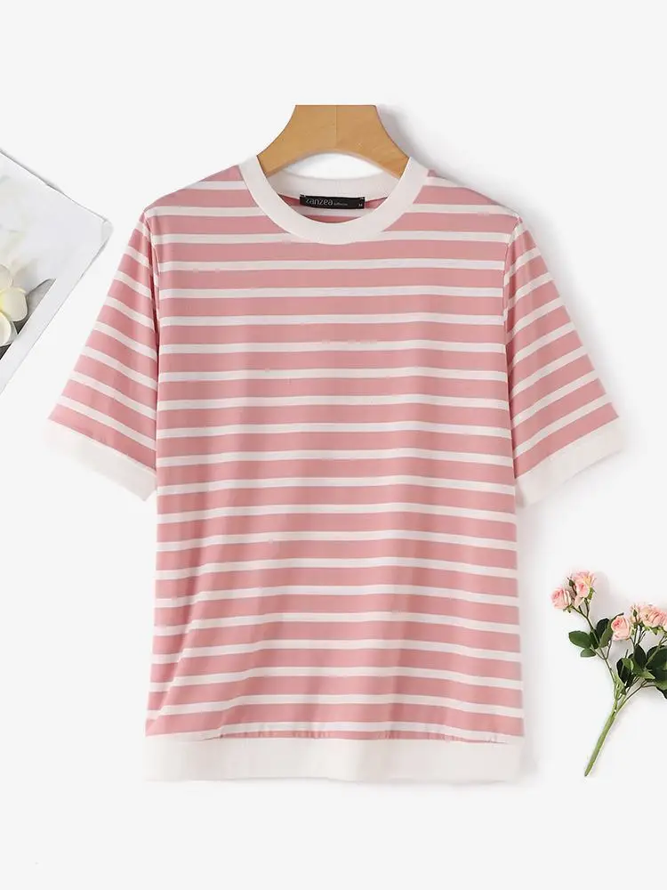 ZANZEA Korean Style Striped T-shirts Women Elegant Streetwear O Neck Short Sleeve Blouses 2024 Summer Casual Loose Shirt Tops