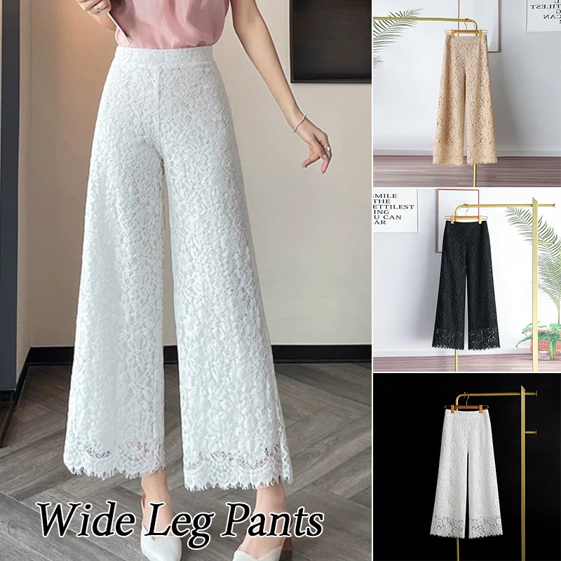 

Women Vintage Wide Leg Pants Casual Loose Sheer Lace Trousers High Waist Bloomers Work Office Y2K Aesthetic Pants Streetwear