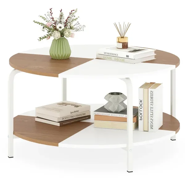 

Round Metal Coffee Table with Dual-Tier Storage Shelf