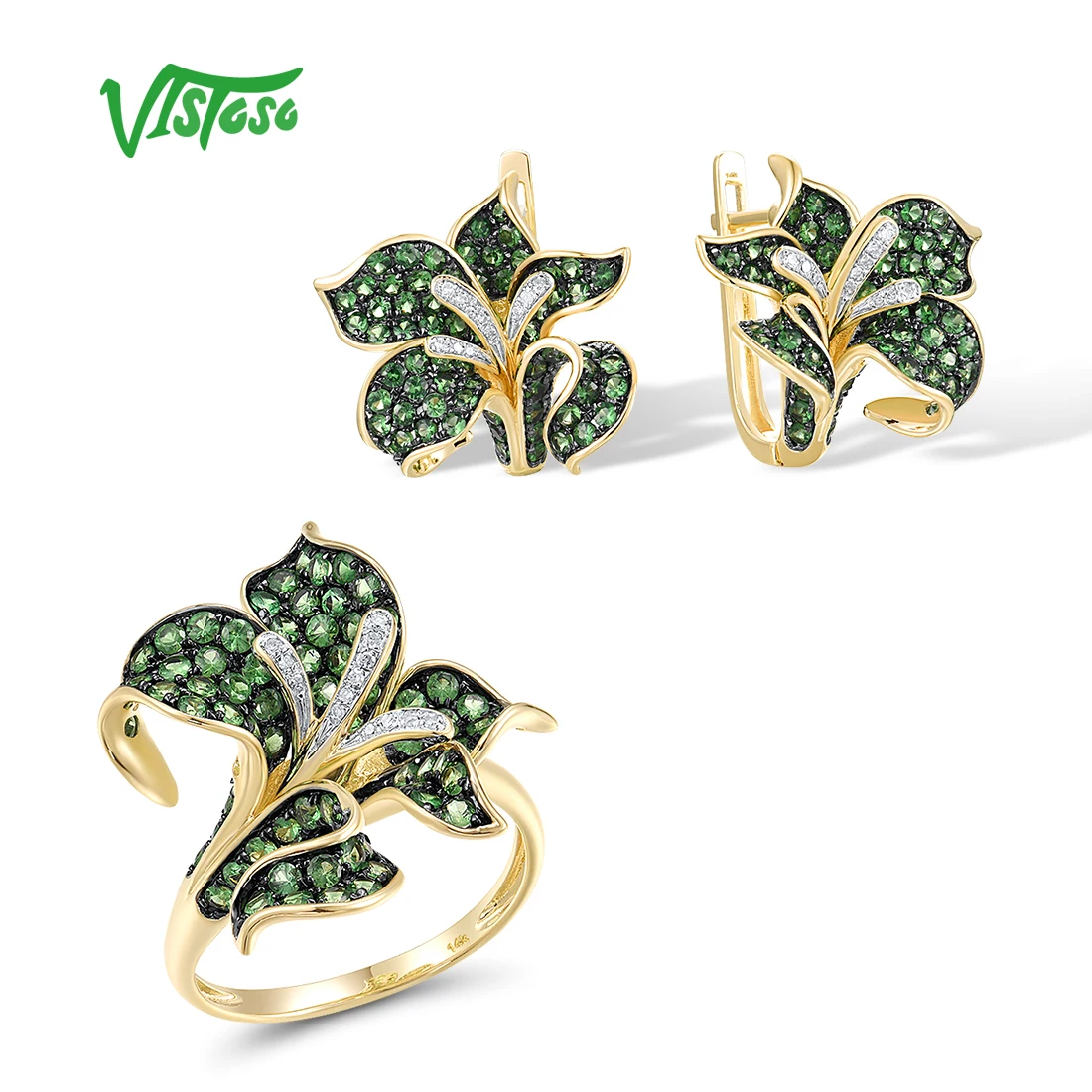 

VISTOSO 14K 585 Yellow Gold Jewelry Set For Women Sparkling Green Garnet Diamond Flower Earrings Ring Set Gorgeous Fine Jewelry