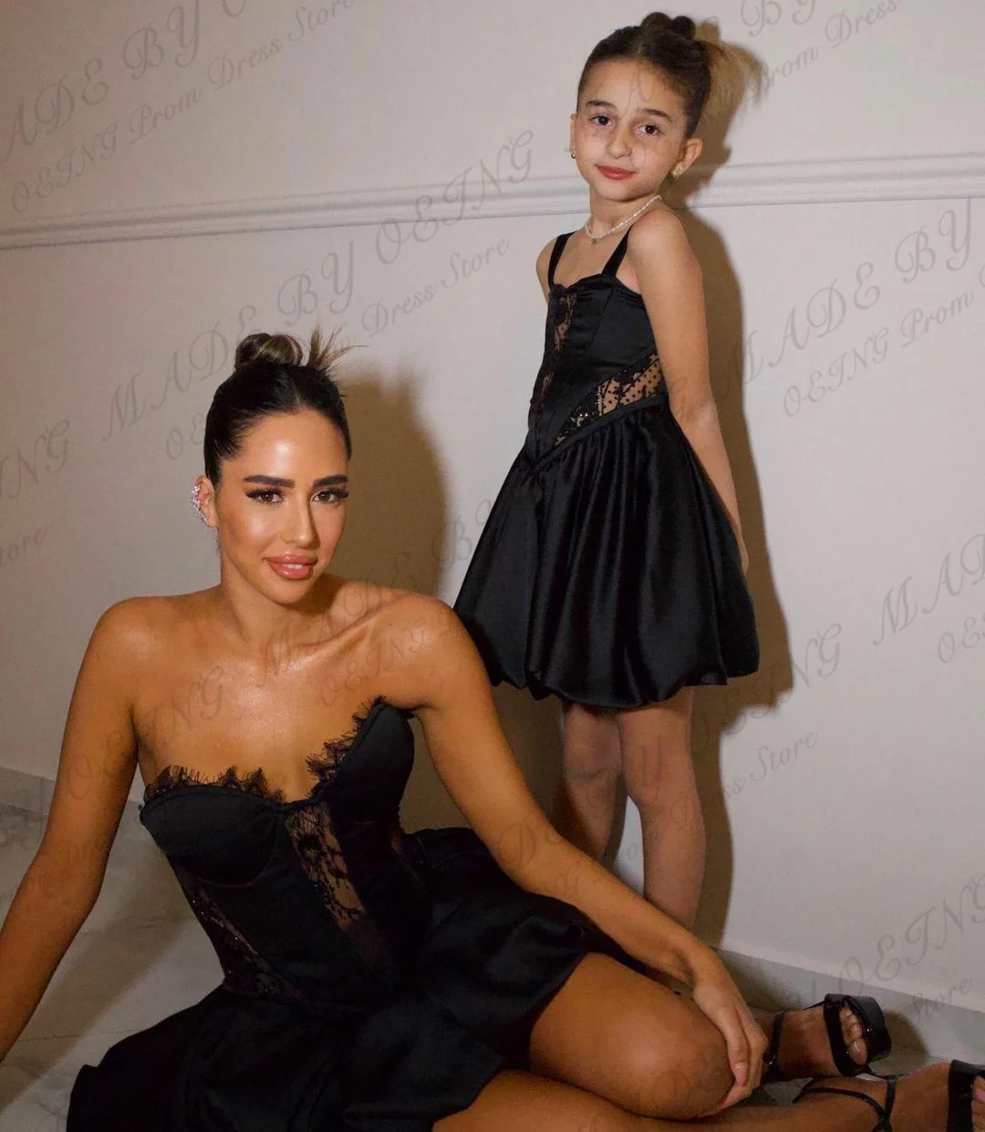 OEING Black Mini Mother And Daughter Prom Dresses Simple Short Mom And Kid Formal Party Dress Special Occasion Gown Photography