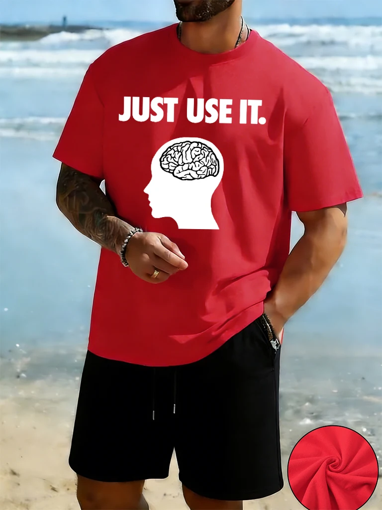 Brain Just Use It Print Mens Cotton Daily Simple Short Sleeve Loose New Sportswear Suit Stretch Summer Pants Fashion Clothes