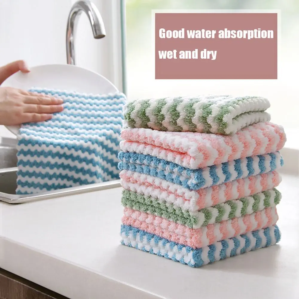 Non-stick Super Absorbent Coral Velvet Striped Flower Gadgets Kitchen Tool Wash Cloth Wiping Rag Cleaning Cloth Dish Towel