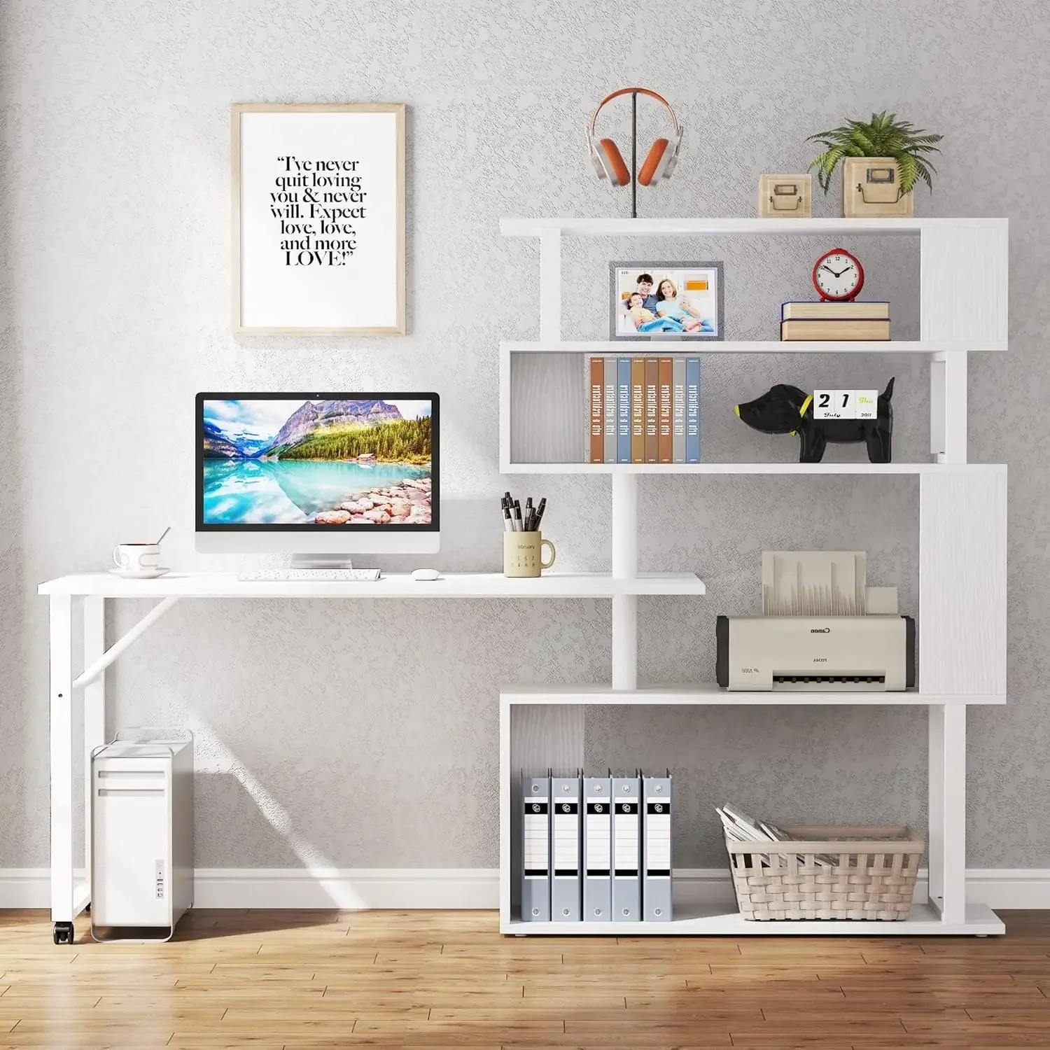 Rotating Computer Desk with 5 Shelves Bookshelf, Modern L-Shaped Corner Desk with Storage