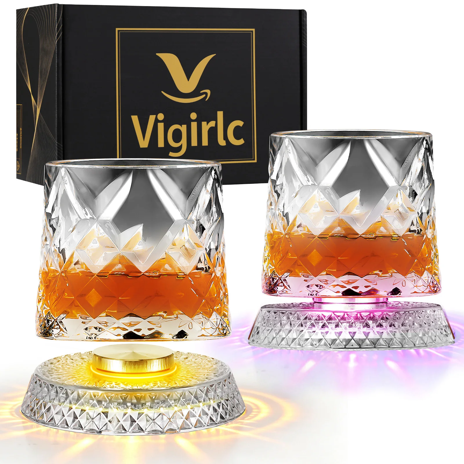 Spinning Whiskey Glasses Set of 2 with 8 LED Light,2 Ice Mold,9.5oz Unique 360 Degree Rotating Old Fashioned Glass,Anti-slip Weighted Base,Bourbon,Cocktail,Gifts Ideas for Men (Diamond Pattern)