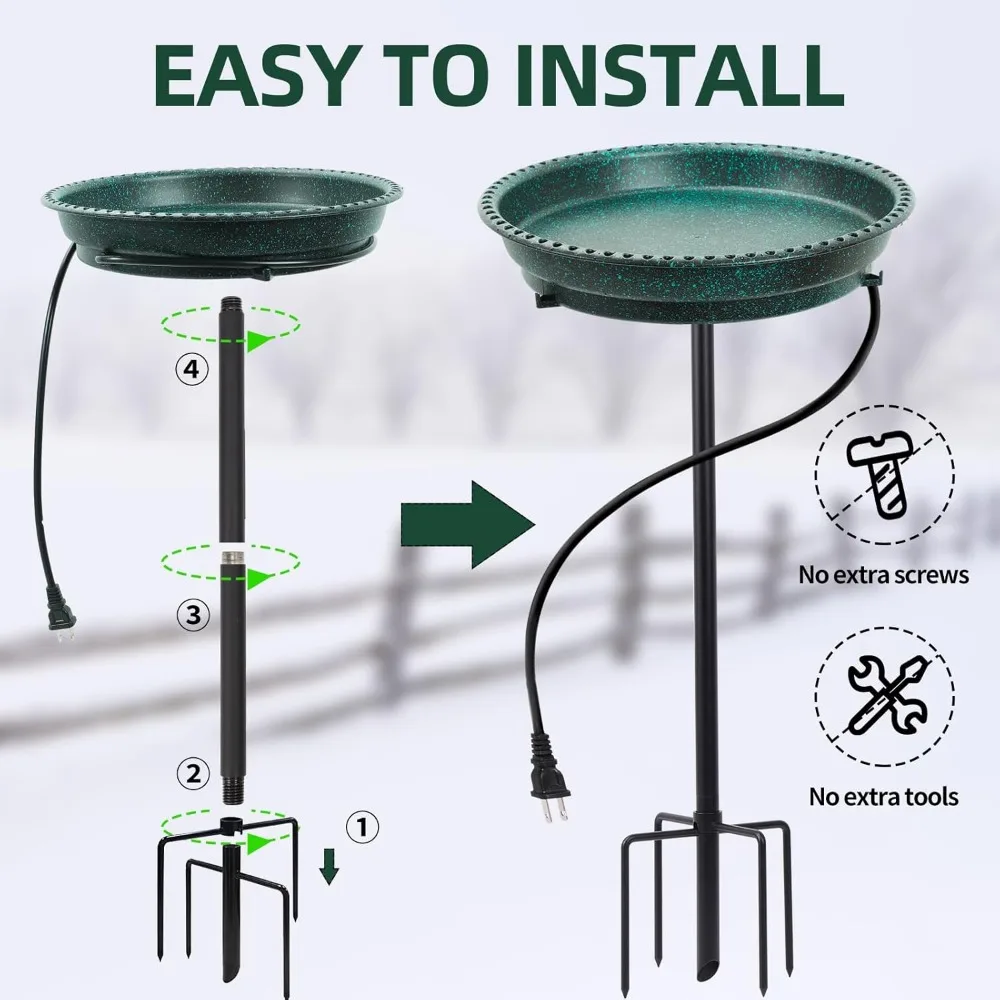 Bagno per uccelli riscaldato da 75 W con termostato, ciotola profonda e palo in metallo per tutte le stagioni - Verde