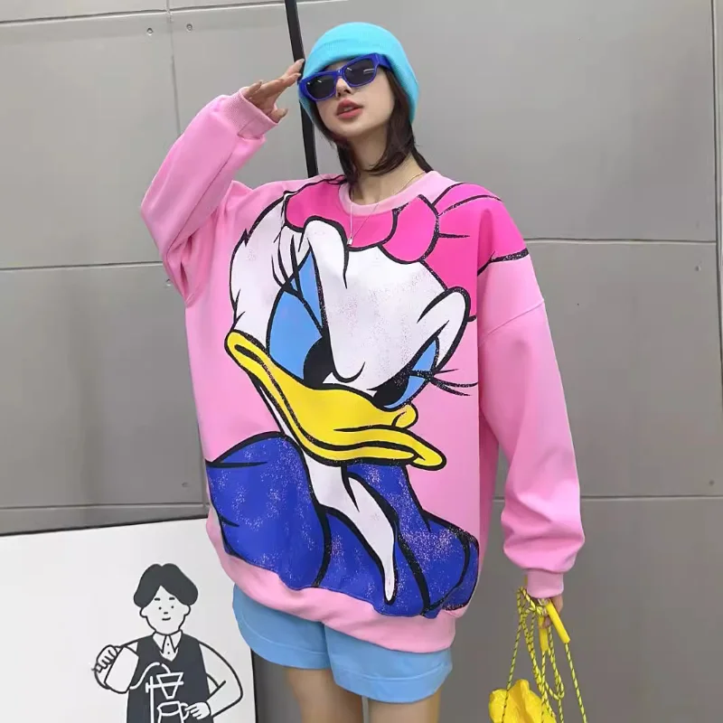 

Женский свитер с героями мультфильмов Диснея, свитер с героями мультфильмов Дональд Дак, милый тонкий Свободный Повседневный свитер большого размера с граффити, средний и Длинный топ