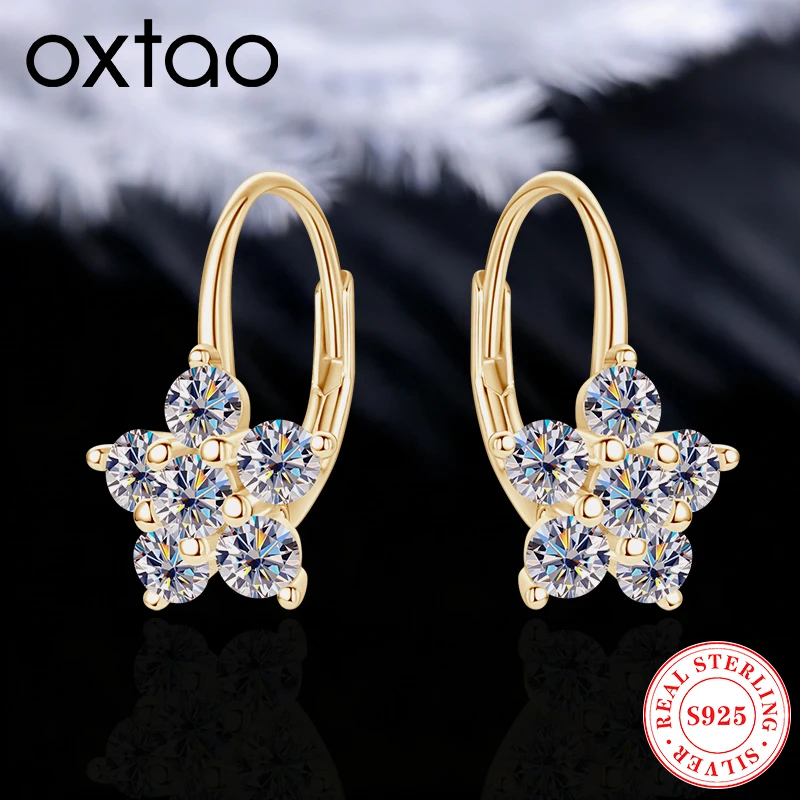 

OXTAO Certified Original 925 Silver Earrings 3mm Moissanite Flowers Earrings for Women Plated 18k White Gold Fine Jewelry Gift