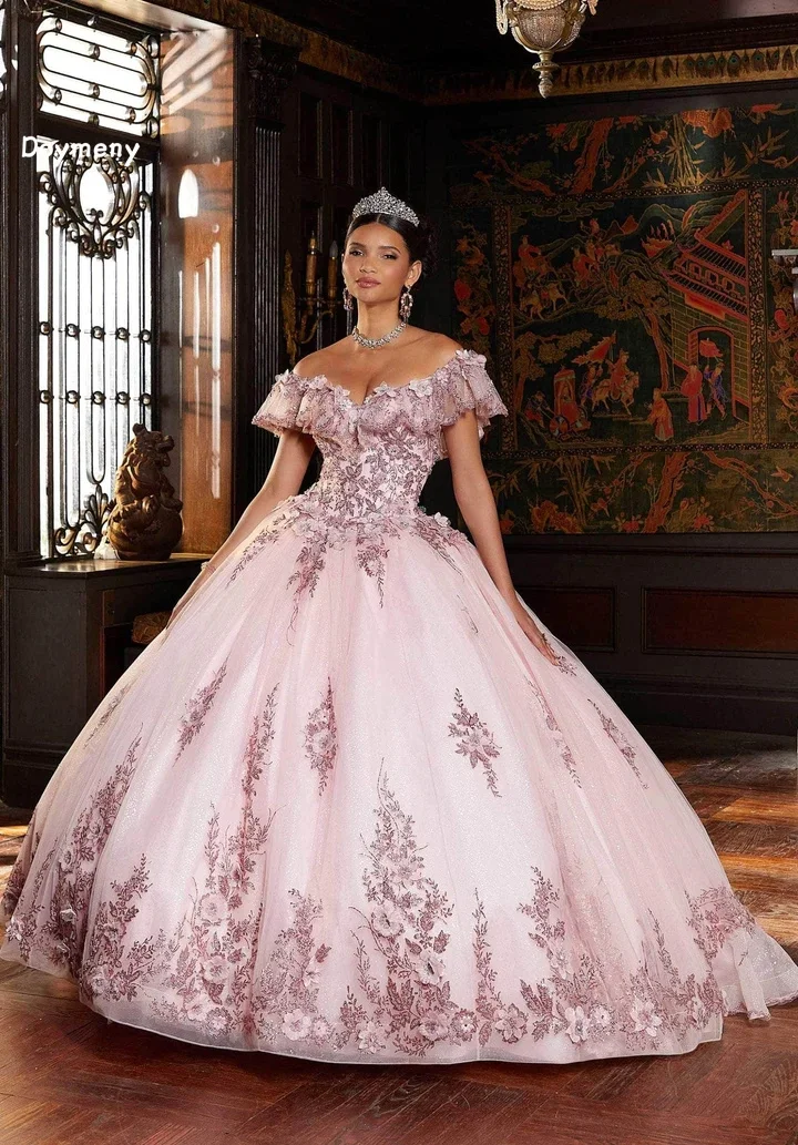 Doymeny 3d Blumen Applikationen Quince anera Kleider Bogen von der Schulter boden lange Prom Vestidos für 15 Mädchen Ball Party Kleider