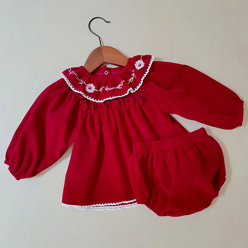 Sweet Little Girl Velvet Clothes Set Newborn Outfits Toddler Baby Embroidery Floral Lace Tops+Bloomers Warm Cozy Xmas Outfits