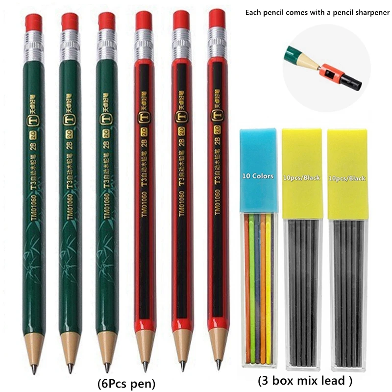 Ensemble de crayons mécaniques automatiques pour étudiants, fournitures scolaires, papeterie mignonne Kawaii, dessin, écriture, croquis d\'art,