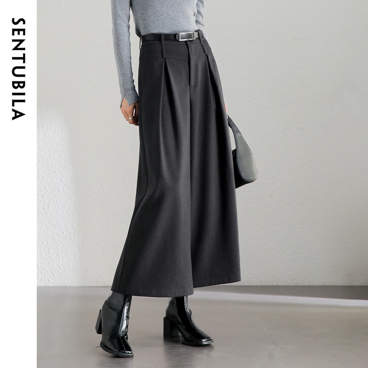 SENTUBILA Wide-leg Skirt Pants Women Office Lady Work High-waist Folds Pockets Ankle-length Pants 2024 Winter Trouser 144K57392