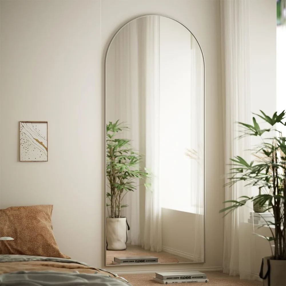 Espelho de chão de comprimento total com parte superior arqueada com suporte, espelho de parede inclinado ou pendurado para quarto, espelhos de arco grande para decoração de casa