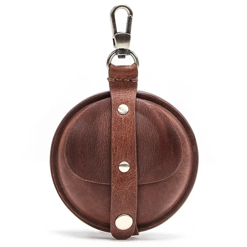 Men 100% Real Leather Wallet Crazy Horse Round Small Coin Change Purse Earphone Airpod Bag Unisex Storage Bag Protective Pocket