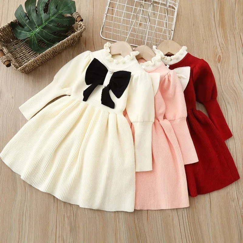 

Christmas Kids Autumn Winter Cute Long Sleeve Bow Decoration Sweet Ruffled Princess Dress 1-7 Years Girls Party Fashion Clothes