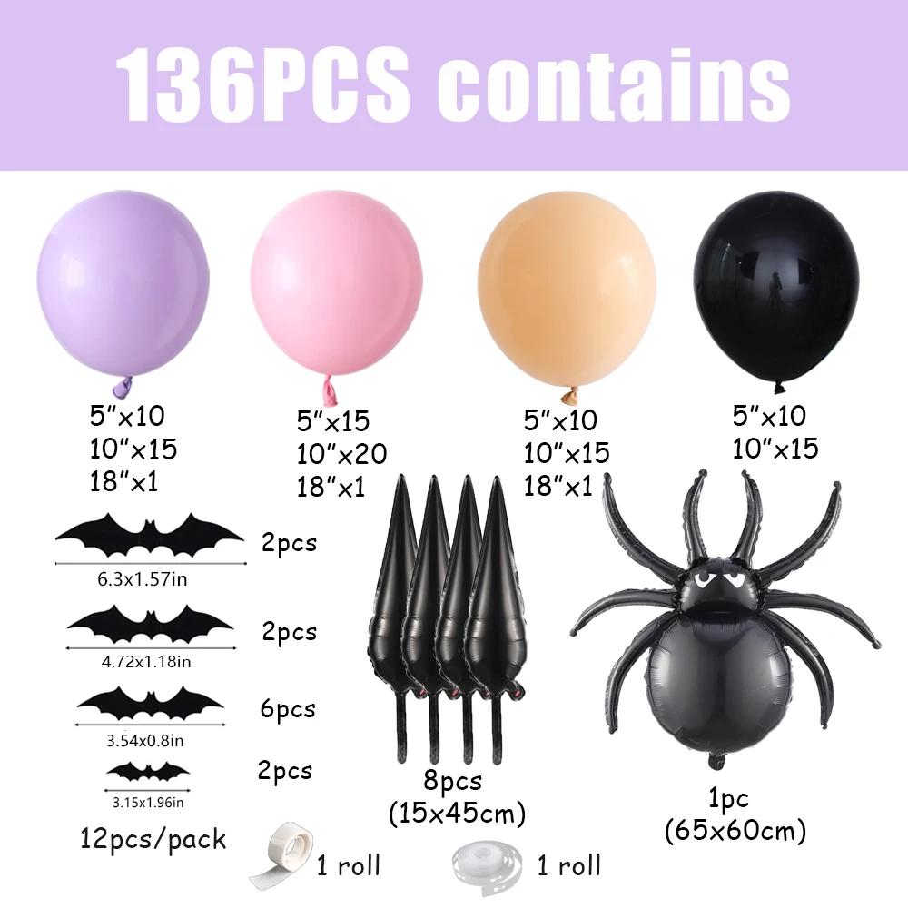 136pcs Pink Black Purple Halloween Balloon Garland Arch kit Scary Spider Foil Balloon 3D Bat Stickers Halloween Party Decoration