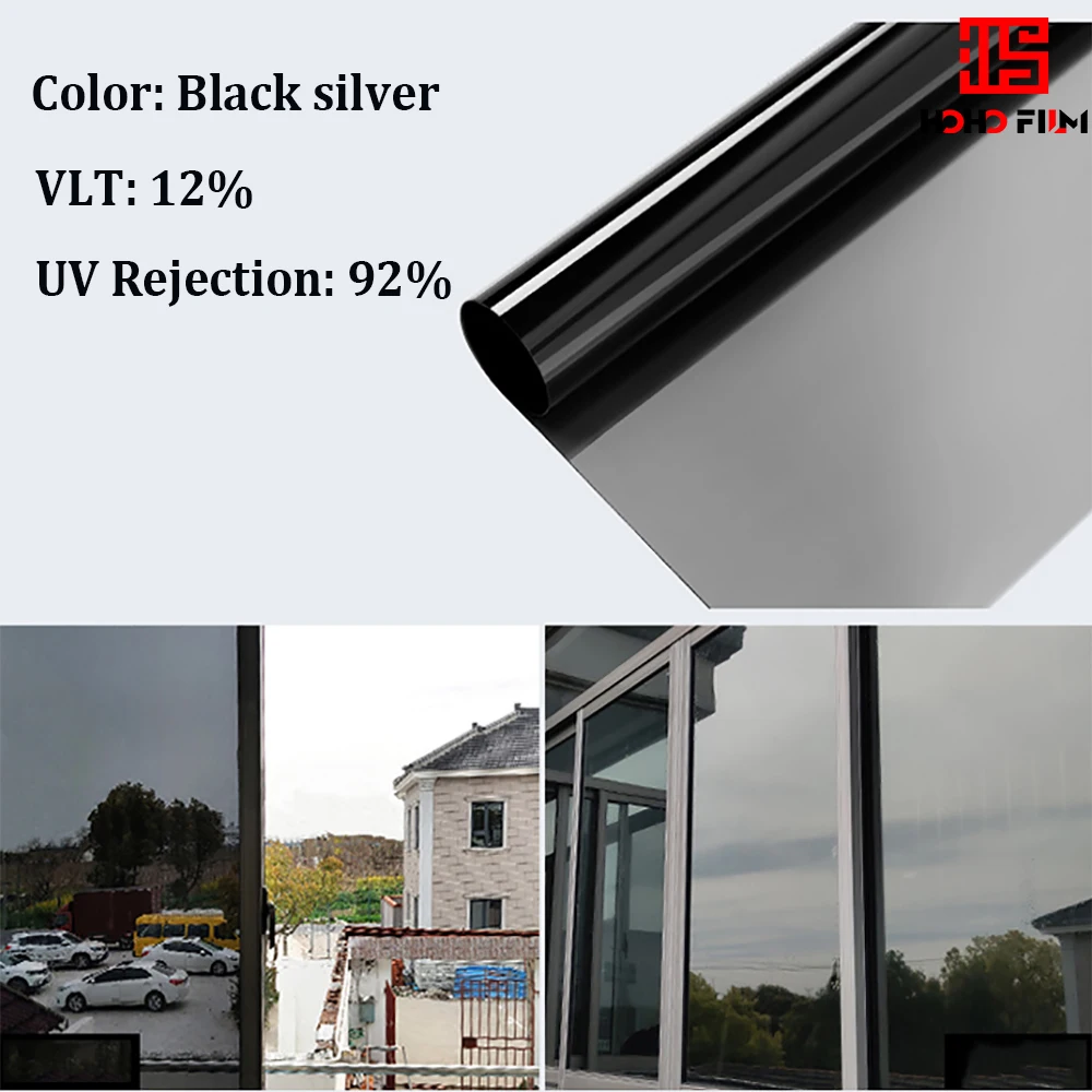 HOHOFILM 152cmx3000cm Black&silver Mirrored Window Film Solar Tint Heat Insulation One Way Reflective Window Tint UV Proof Tint