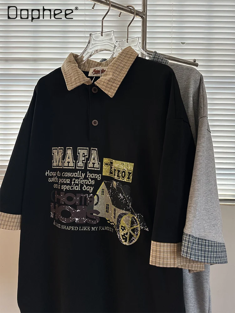 

Летняя черная рубашка поло в американском стиле ретро в студенческом стиле в стиле пэчворк с отложным воротником для мужчин, свободная повседневная серая футболка с коротким рукавом