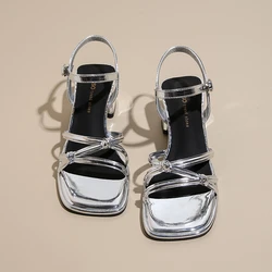 Lazyseal Straps Fashion Women Heels Sandals Buckle Silver Solid Color Summer Shoes For Woman Summer Sexy Party Shoes