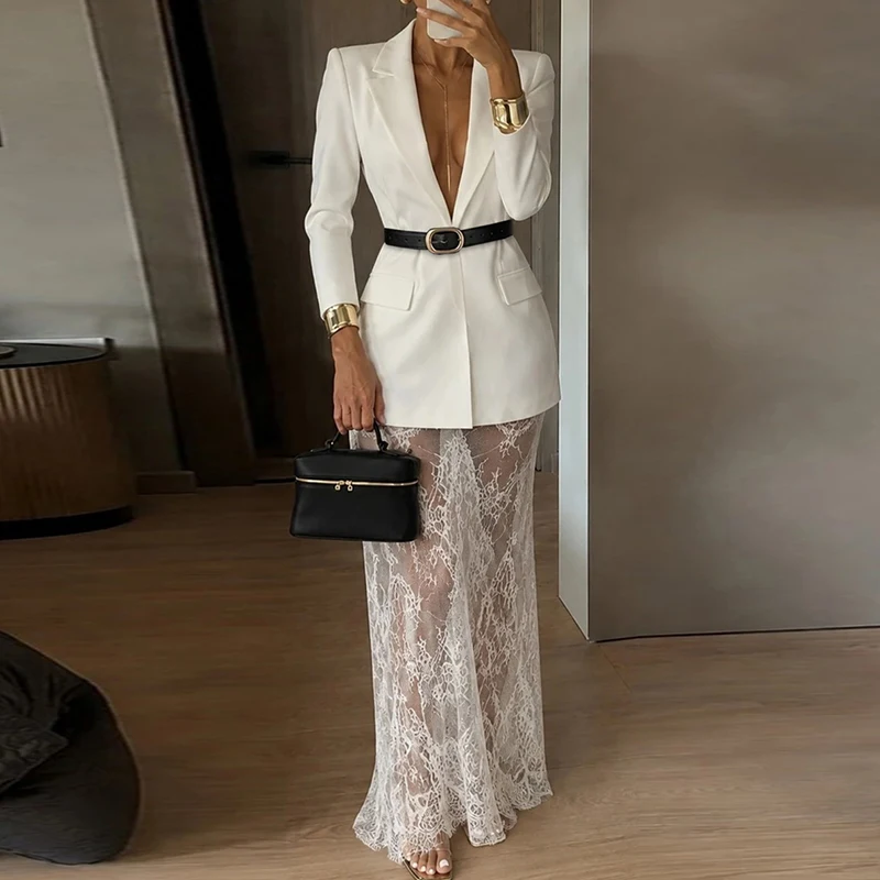 Elegant Lapel High Waist Office Outfit Casual Single Breasted Top&Mesh Splice Skirt 2pc Set Simple Solid Long Sleeved Slim Suit