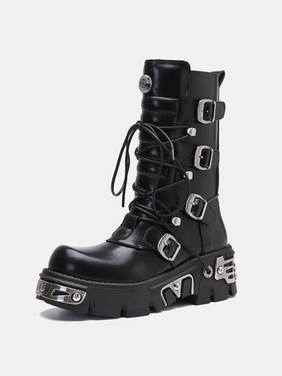 

2025 New Retro Genuine Leather British Style High Boots Street Fashion Metal Motorcycle Boots Punk Rock Thick Soled Women's Boot